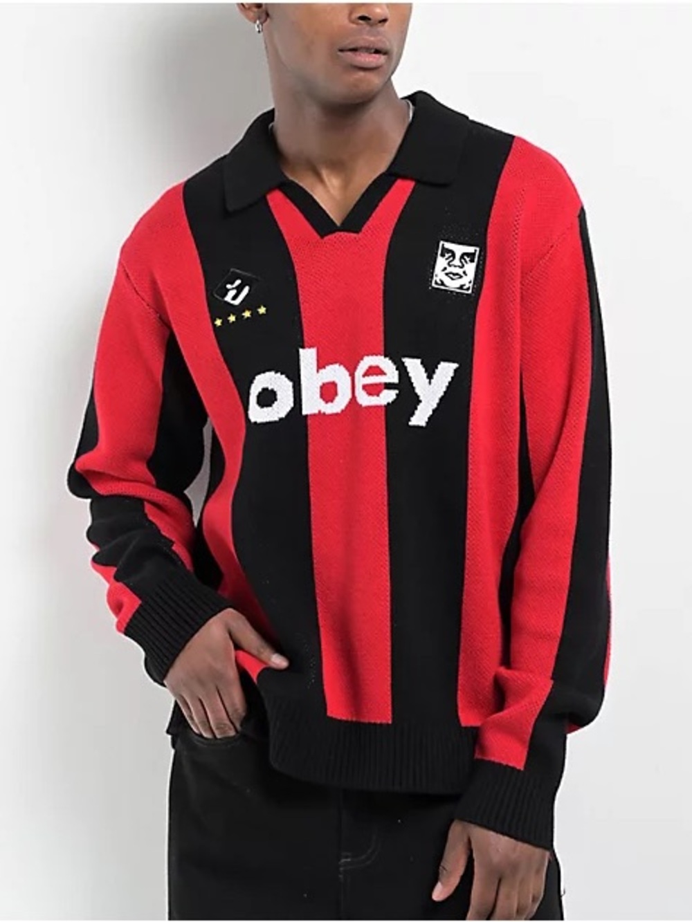 NWT Obey Men’s Black Red Knit Soccer Jersey Streetwear Sweater Small